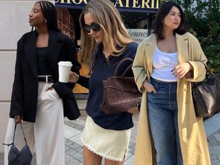 fashion collage of three style influencers including Taffy Msipa, Anne-Laure Mais, and Marina Torres wearing rich-looking outfits with a blazer blazer, belted trousers, polo sweater, brown bags, trench coats, and jeans