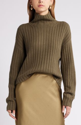 Open Edit, Women's Cotton Blend Rib Funnel Neck Sweater