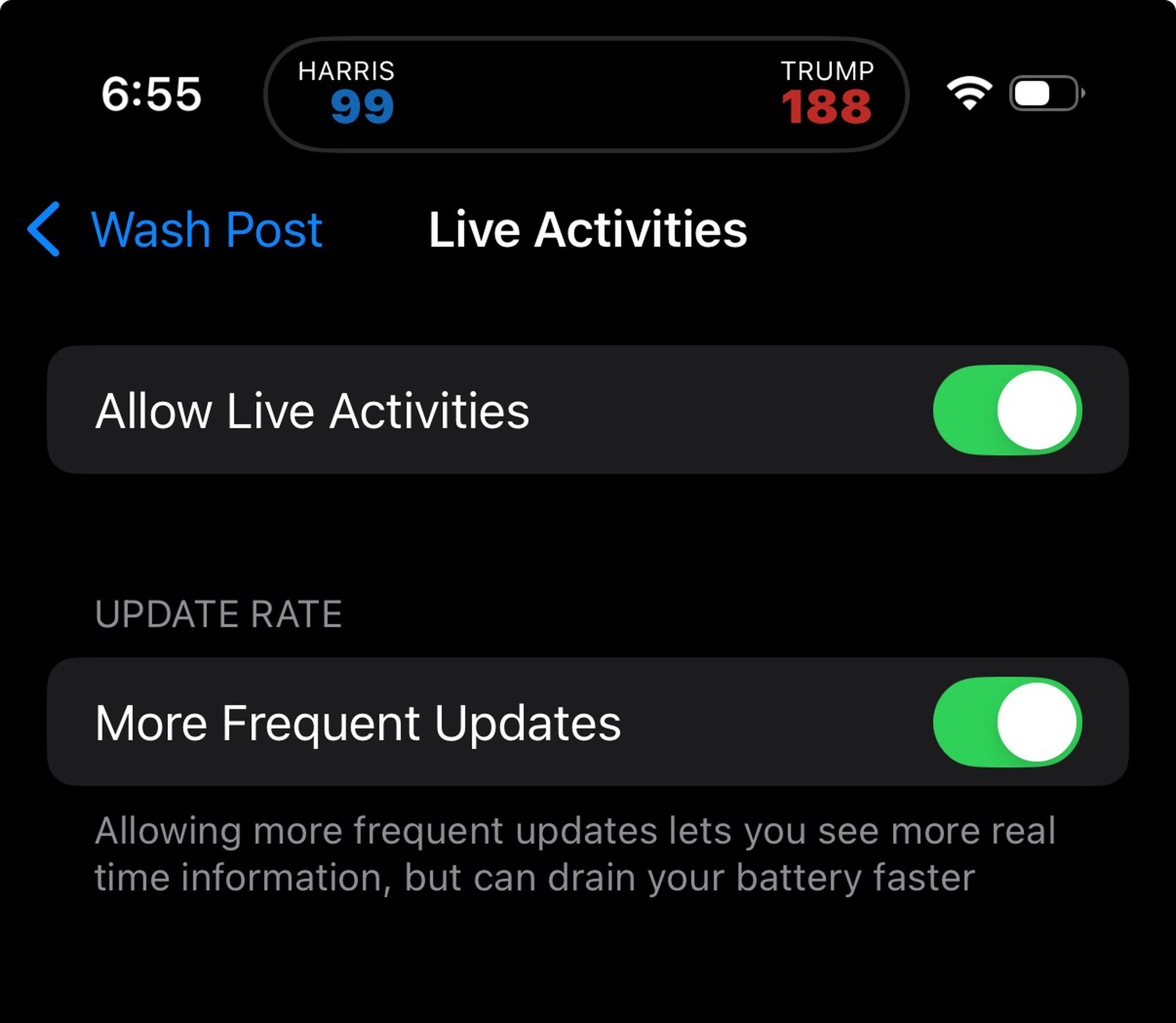 Turn off “Allow Live Activities” if you want to get rid of the electoral count toggle. 