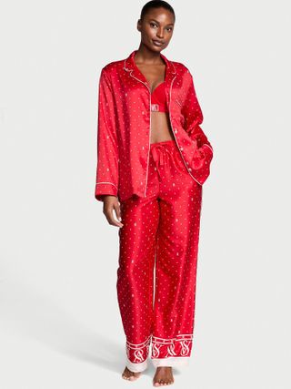 Red Glazed Satin Long Pajama Set