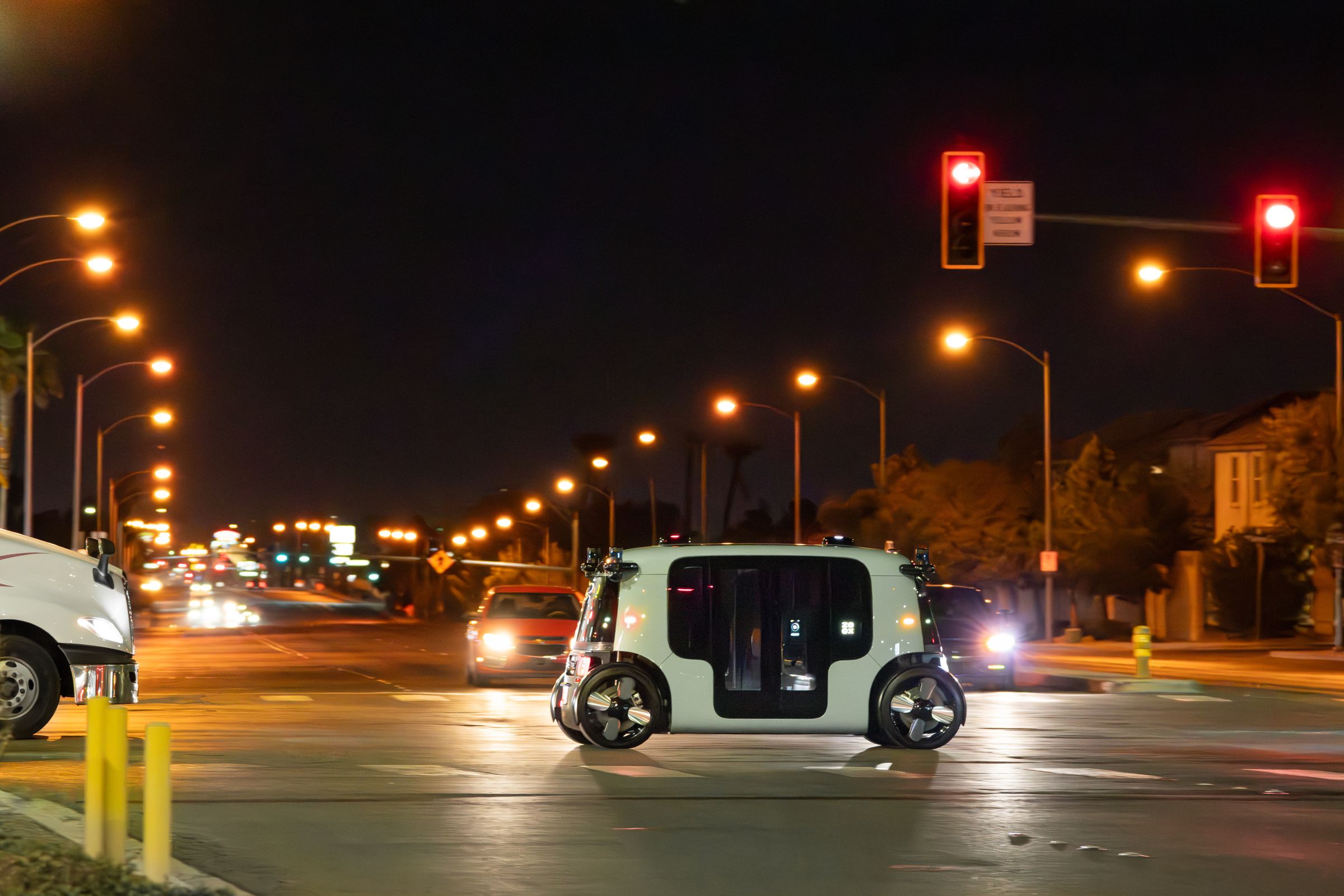 Zoox robotaxi at night