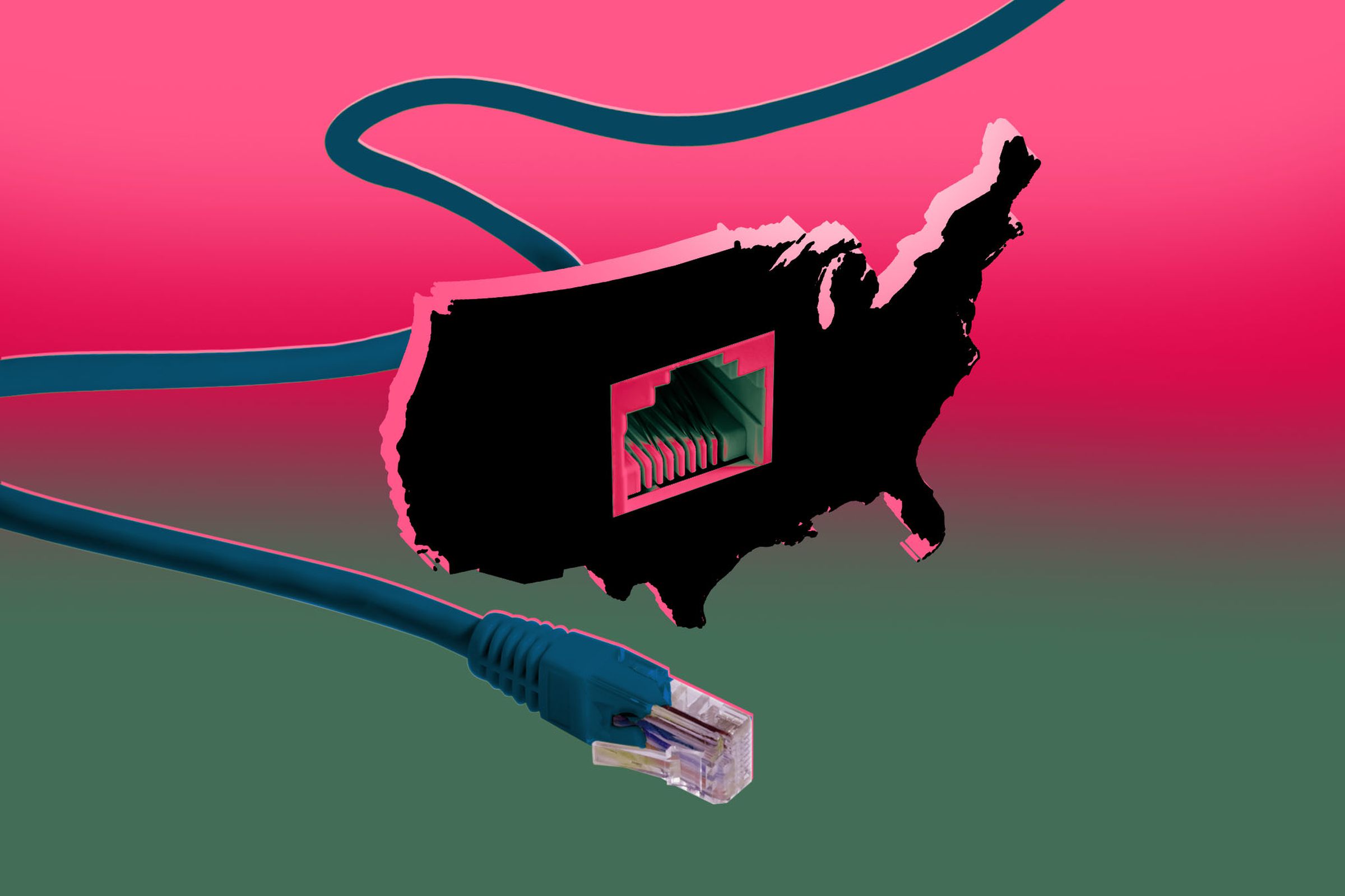 Photo illustration of the United States as an unplugged ethernet cable.