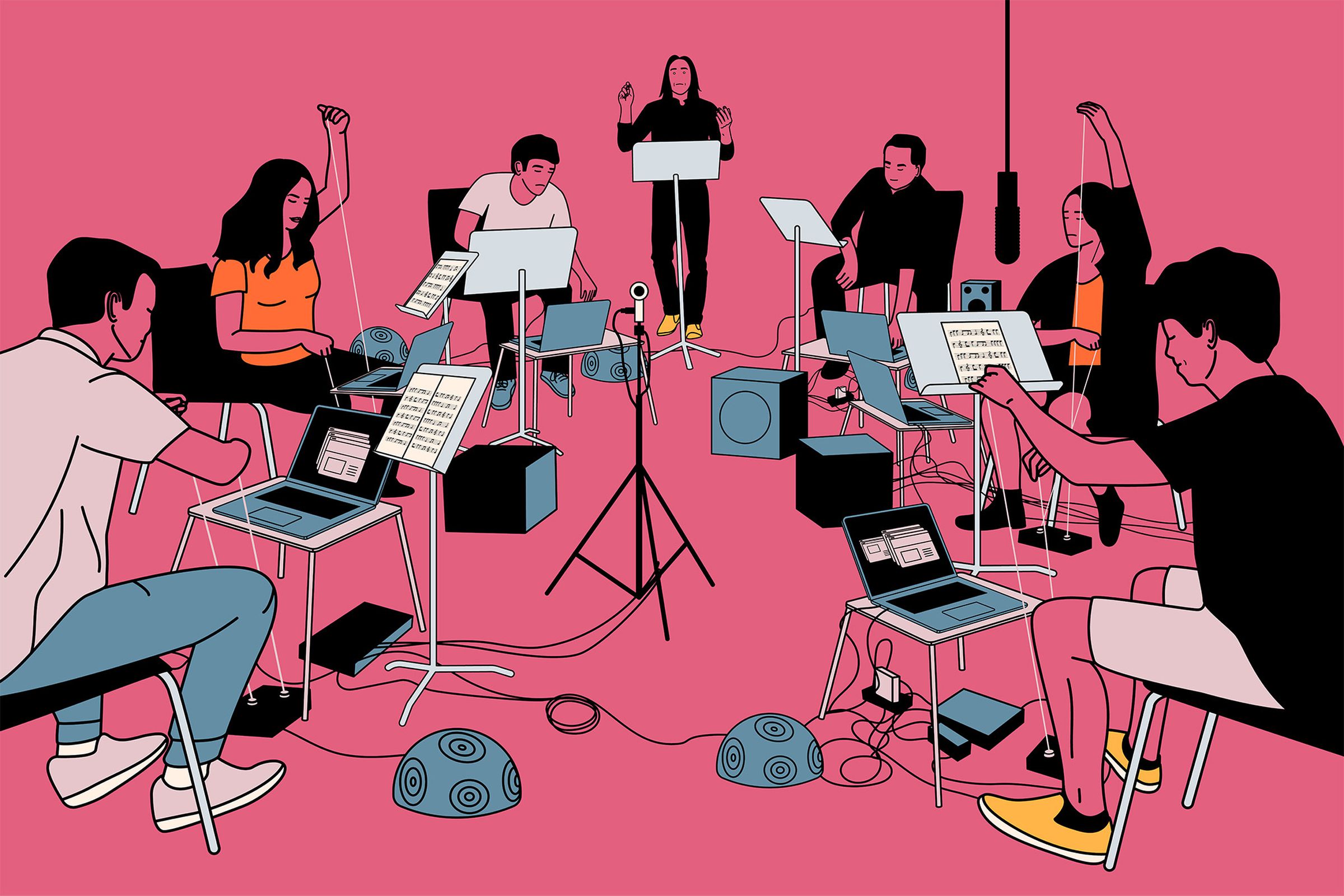 An illustration of several people making music with laptops.