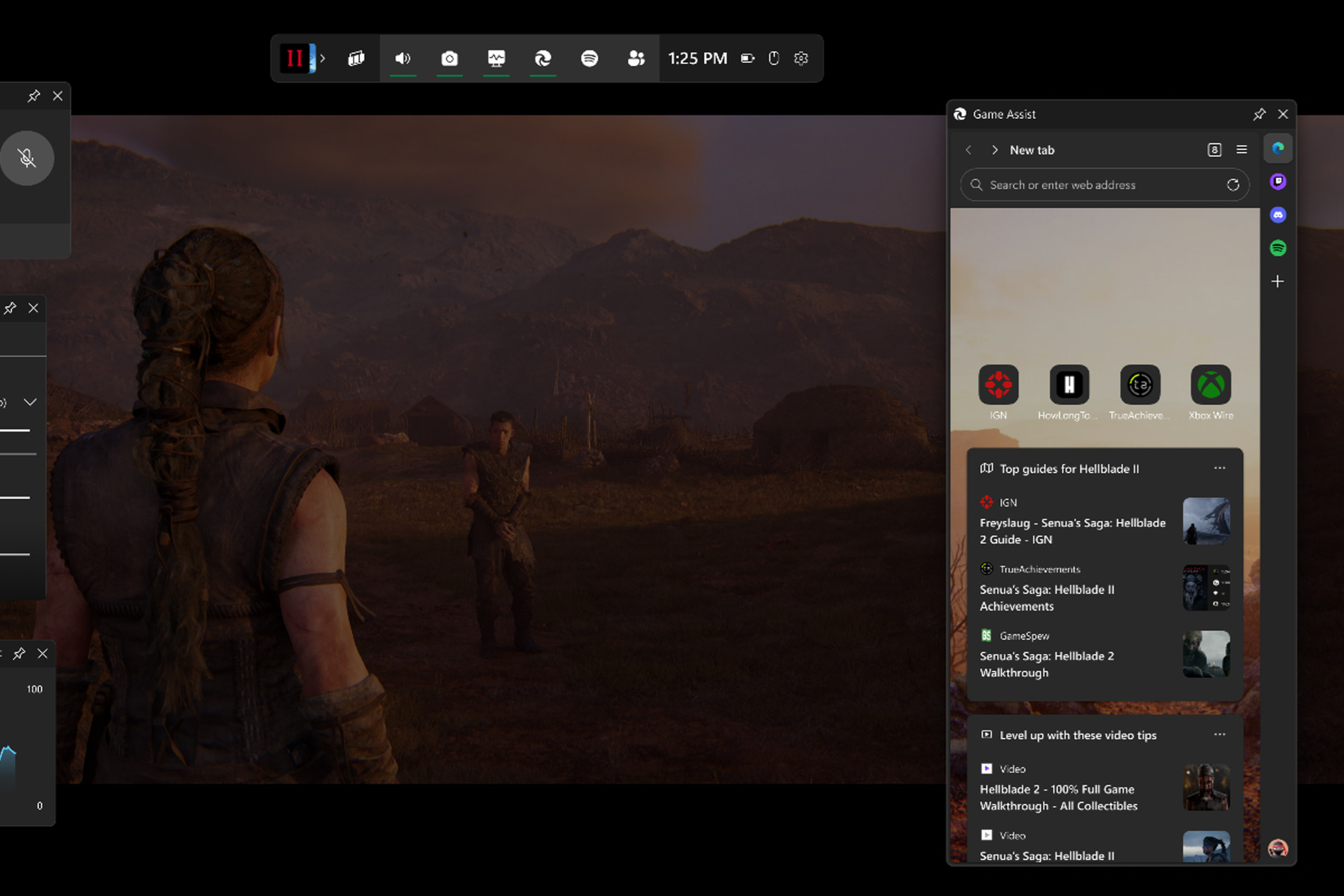 Screenshot showing the new Game Assist browser overlay as it appears on top of Hellblade II.