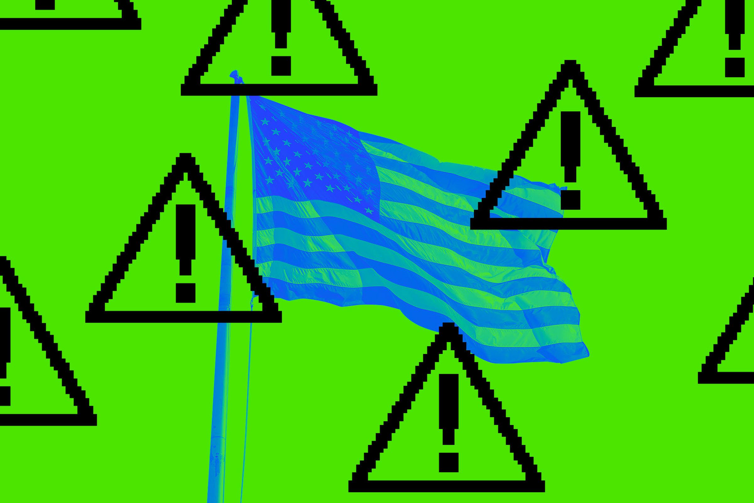 A photo of the American flag with graphic warning symbols.