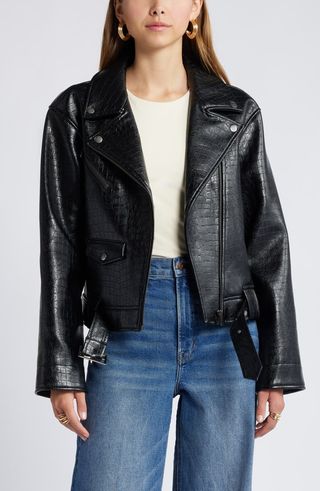 Belted Oversize Croc Embossed Faux Leather Moto Jacket