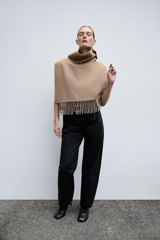 Asymmetrical Fringed Wool Blend Cape