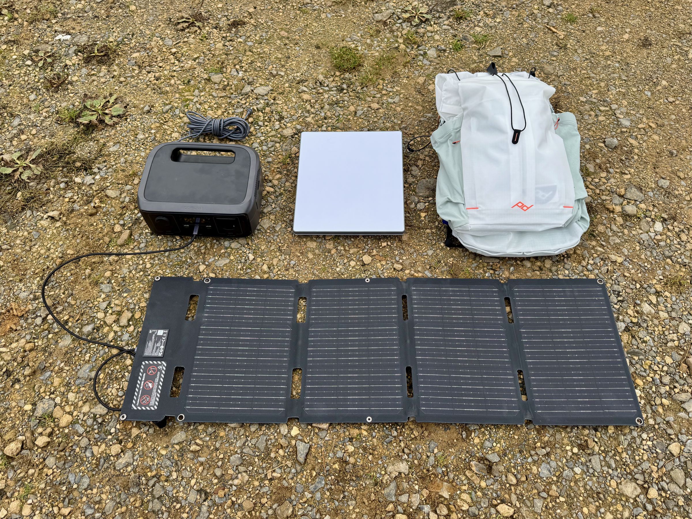 I attached the hip belt to help carry my “extremely remote office” setup. The entire pack weighed 26 pounds (12kg) and consisted of a one-liter water bottle, lunch, a 14-inch MacBook Pro, my Starlink Mini, and a 245Wh River 3 solar generator with folding 45W panel from EcoFlow. It’s not something I’d like to wear over great distances, but it worked well tossed into a van and then carried a few hundred meters into the wilderness after the road ran out. 