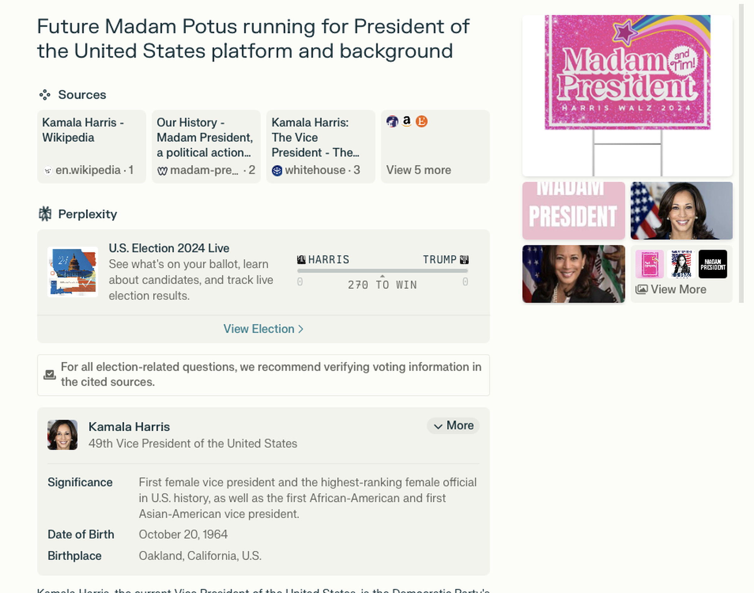 A screenshot showing details for Kamala Harris under a candidate labeled “Future Madam Potus.”