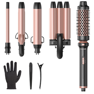 Wavytalk 5 in 1 Curling Wand Set, Dual Voltage Curling Iron Set With 5 Interchangeable Barrels Included a Thermal Brush, a Hair Crimper and 3 Ceramic Curling Wands(0.5