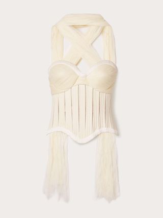 Anika Strapless Cotton-Blend Twill, Tulle and Plissé-Satin Bustier Top