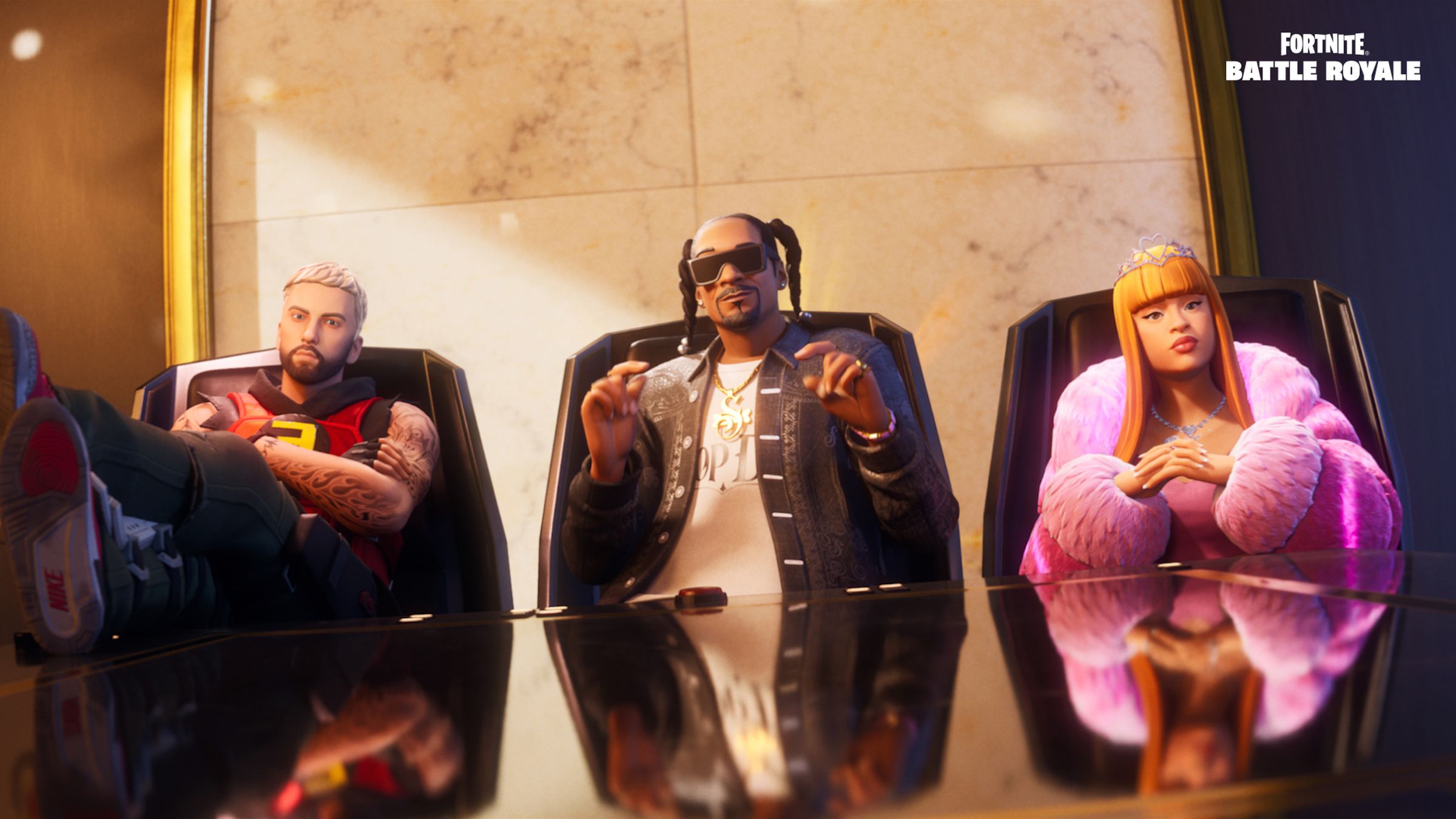 A screenshot of Eminem, Snoop Dogg, and Ice Spice in Fortnite.