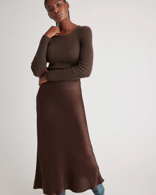 100% Washable Silk Maxi Skirt in Brown