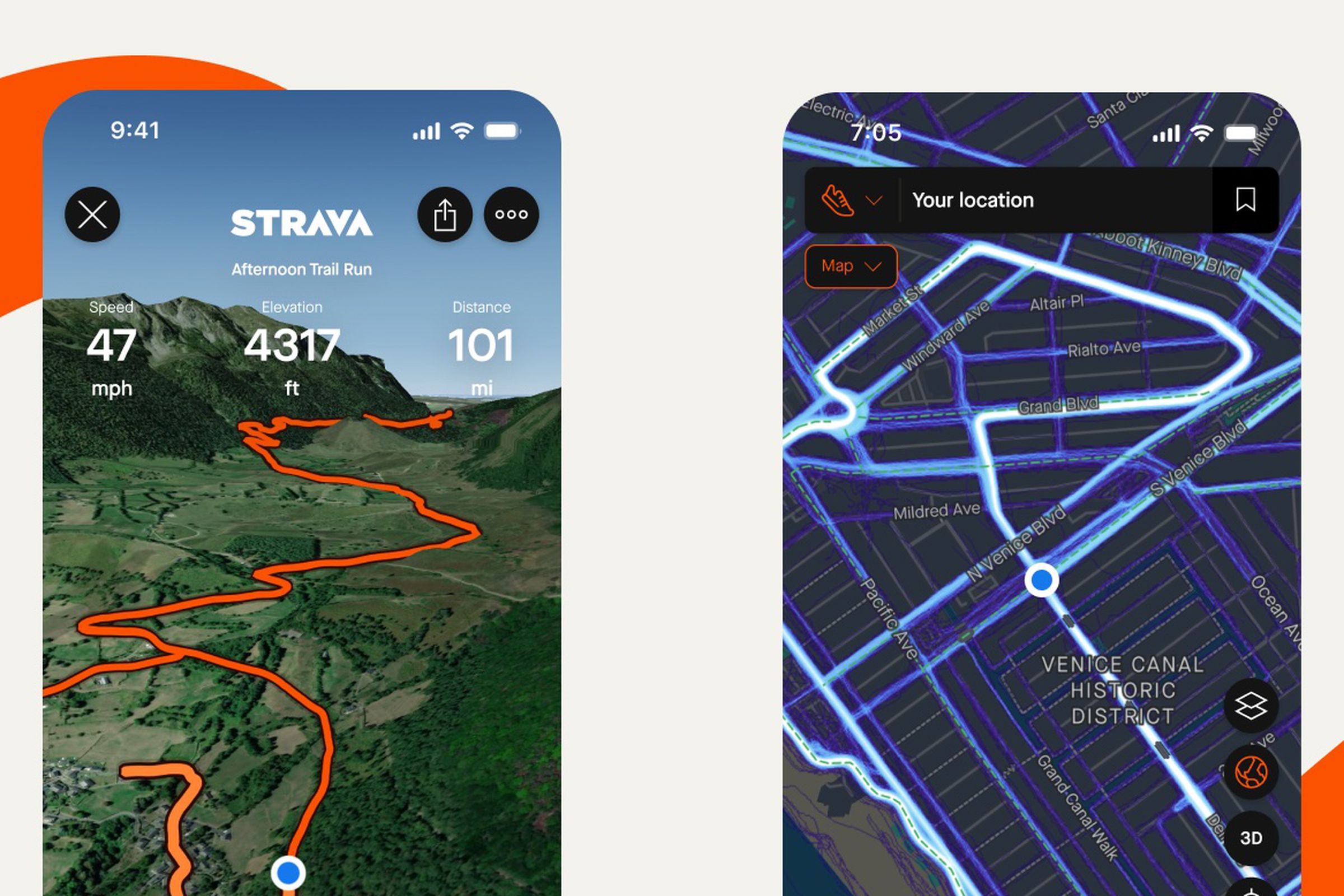 Two simulated screenshots of the Strava app showing the flyover and heat map features