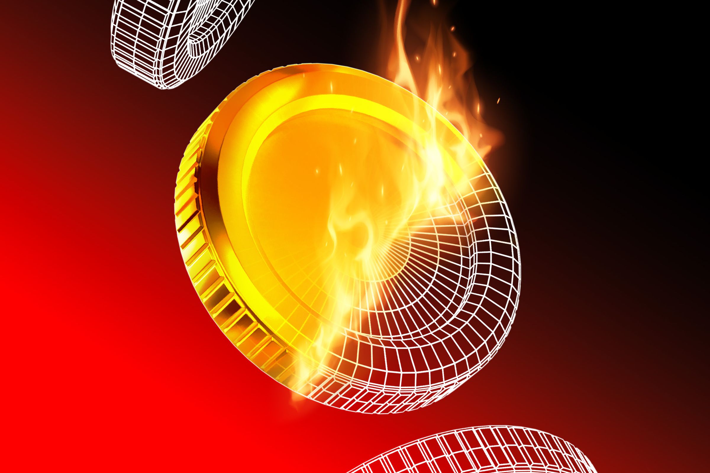 A coin is set aflame to reveal a digital wireframe underneath.