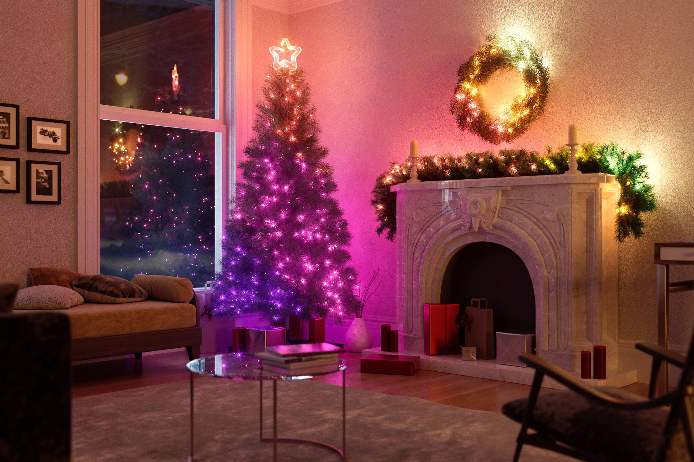 A lit up Christmas tree in a living room.