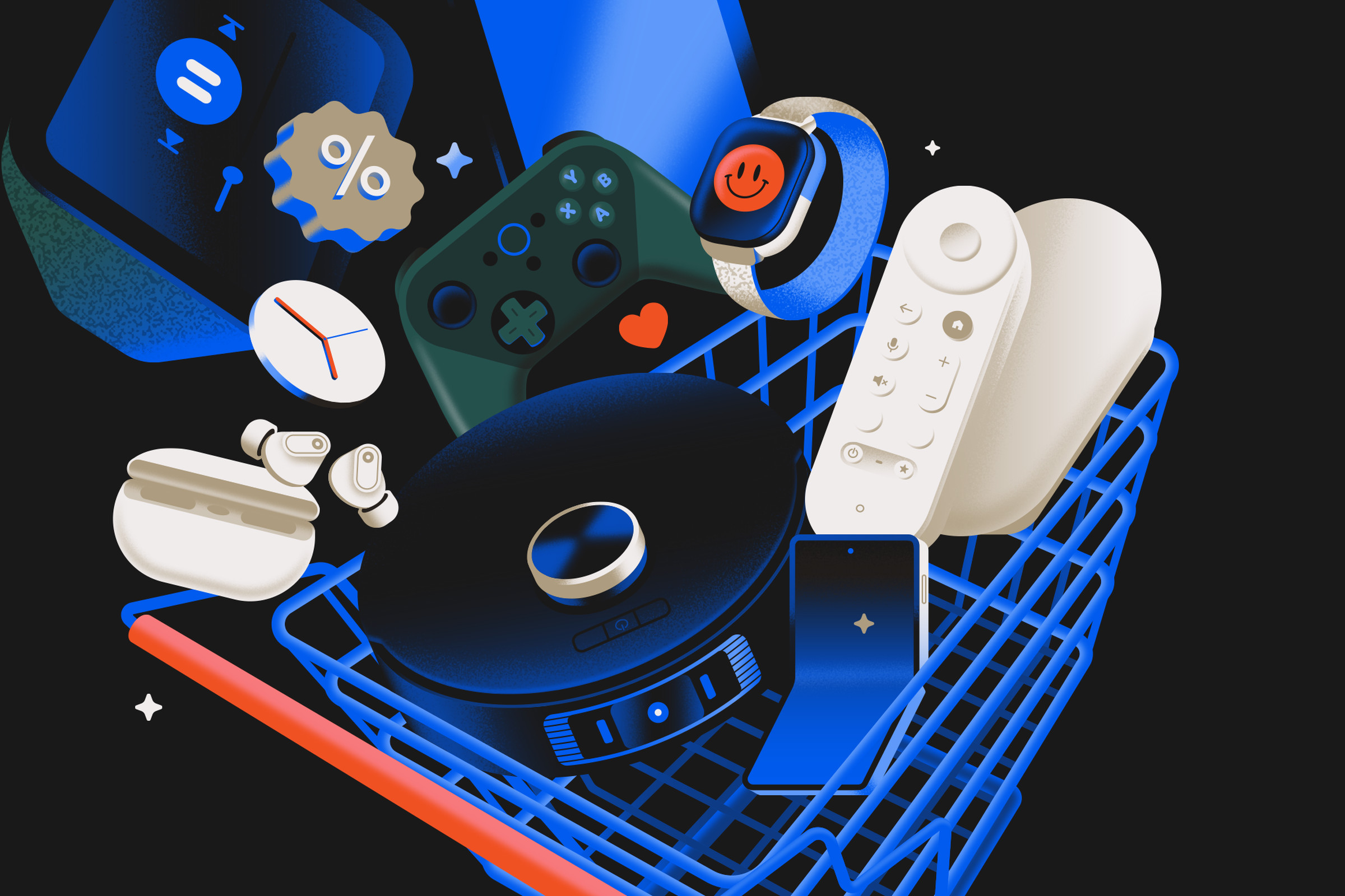 Illustration of various Black Friday sale products floating out of a blue shopping cart.