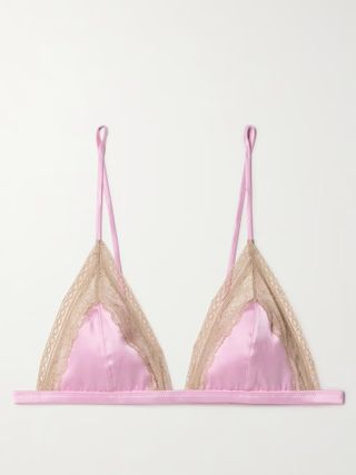 Lace-Trimmed Silk-Blend Satin Soft-Cup Triangle Bra