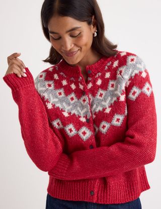 Red Fair Isle Knitted Wool Cardigan