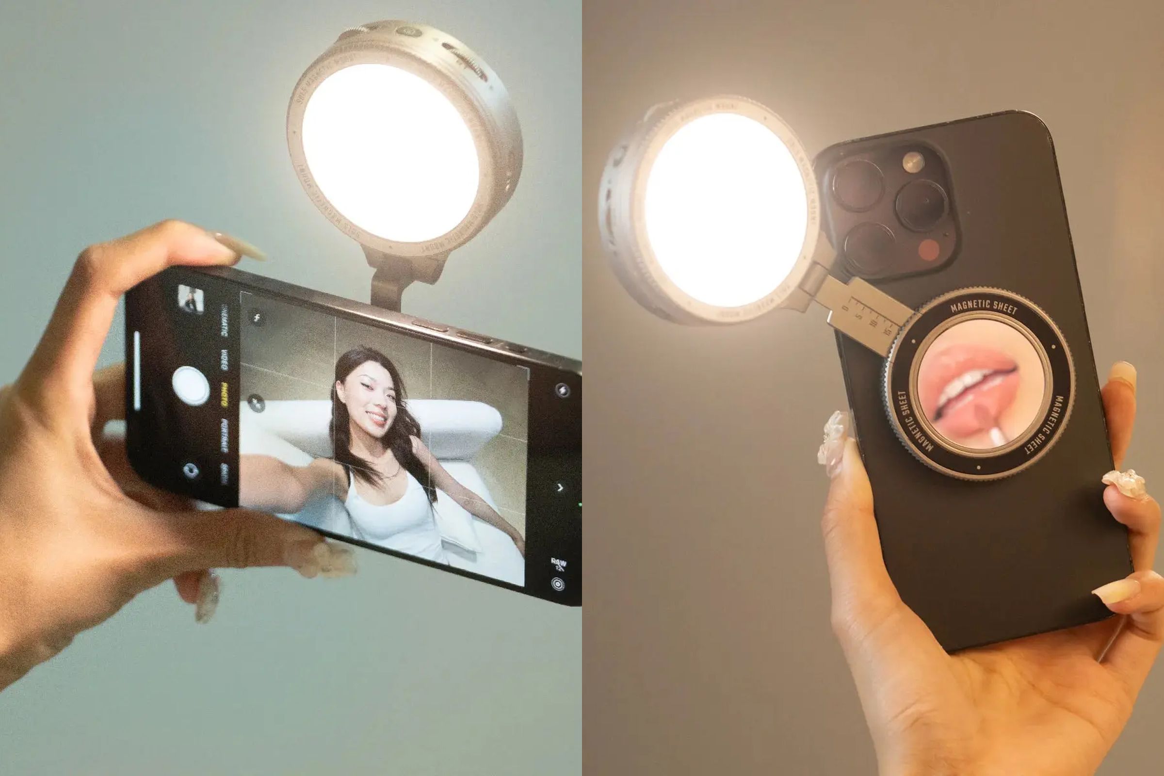 Two images of the Sol 5 Bi-Color Mobile Light for MagSafe being used to capture selfie images.