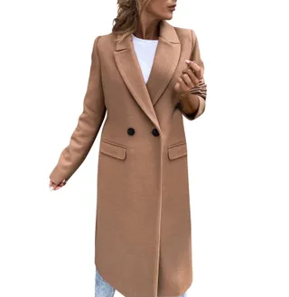 JDEFEG, Jdefeg Long Coat for Women Wool Women's 2021 Autumn and Winter Coat Solid Long Sleeve Woolen Coats With Stand-Up Collar Elegant Coat Knee Length Dress Tan Polyester Khaki Xl