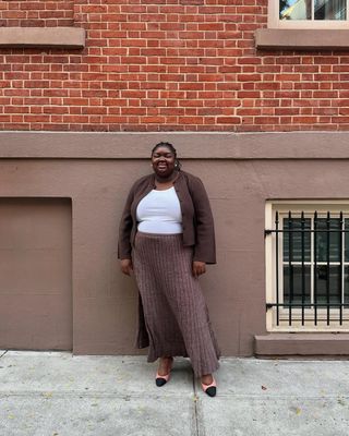 cashmere sweater outfits: brown cardigan and knit skirt