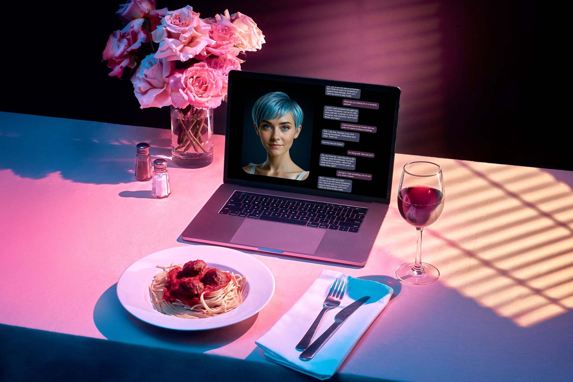 Romantic, moody photograph of an AI chatbot on a laptop screen in front of a dinner plate and place setting, with a glass of red wine and a vase of roses.