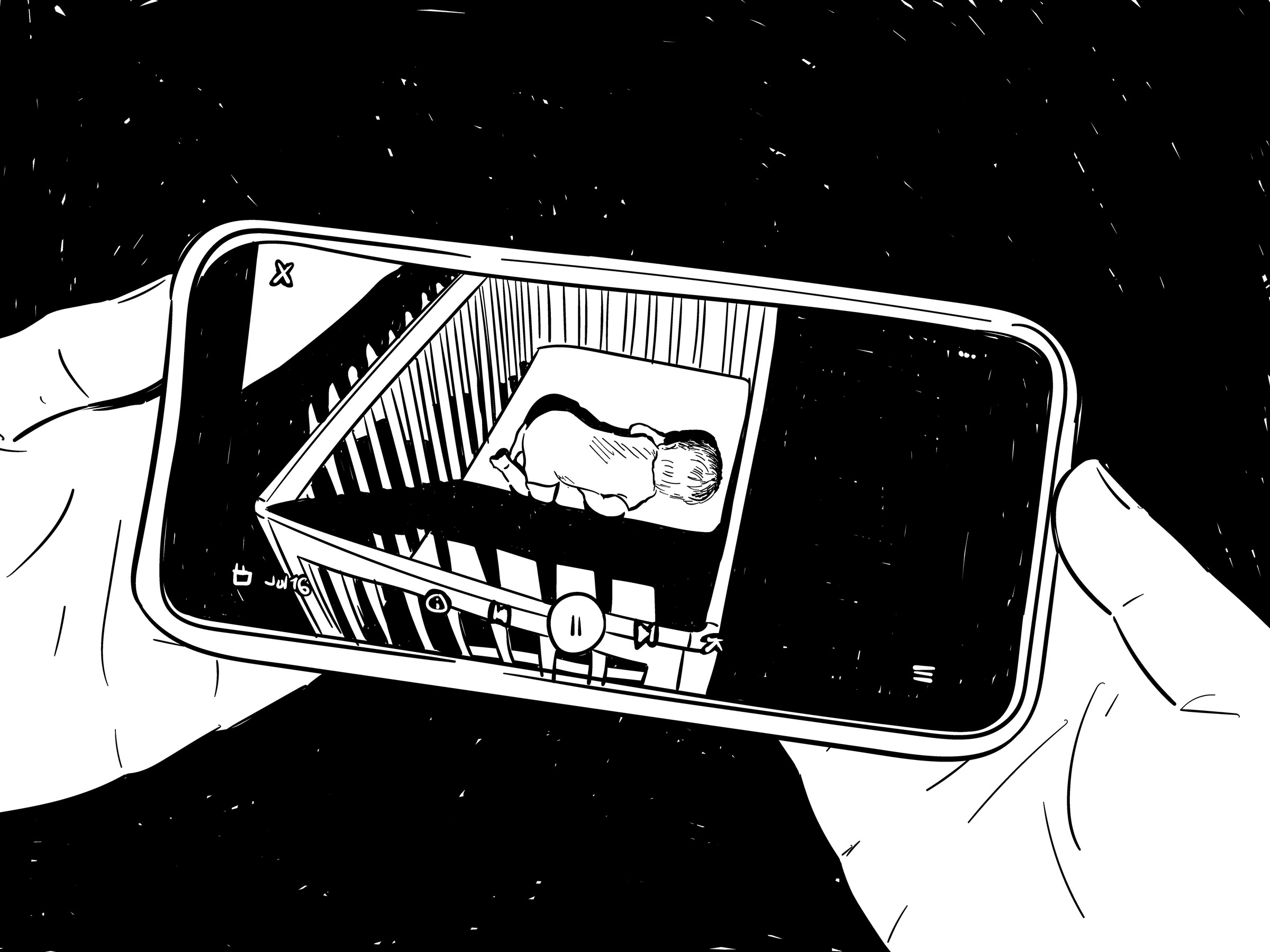 Two hands holding a cartoon image of a phone showing a baby in a crib.