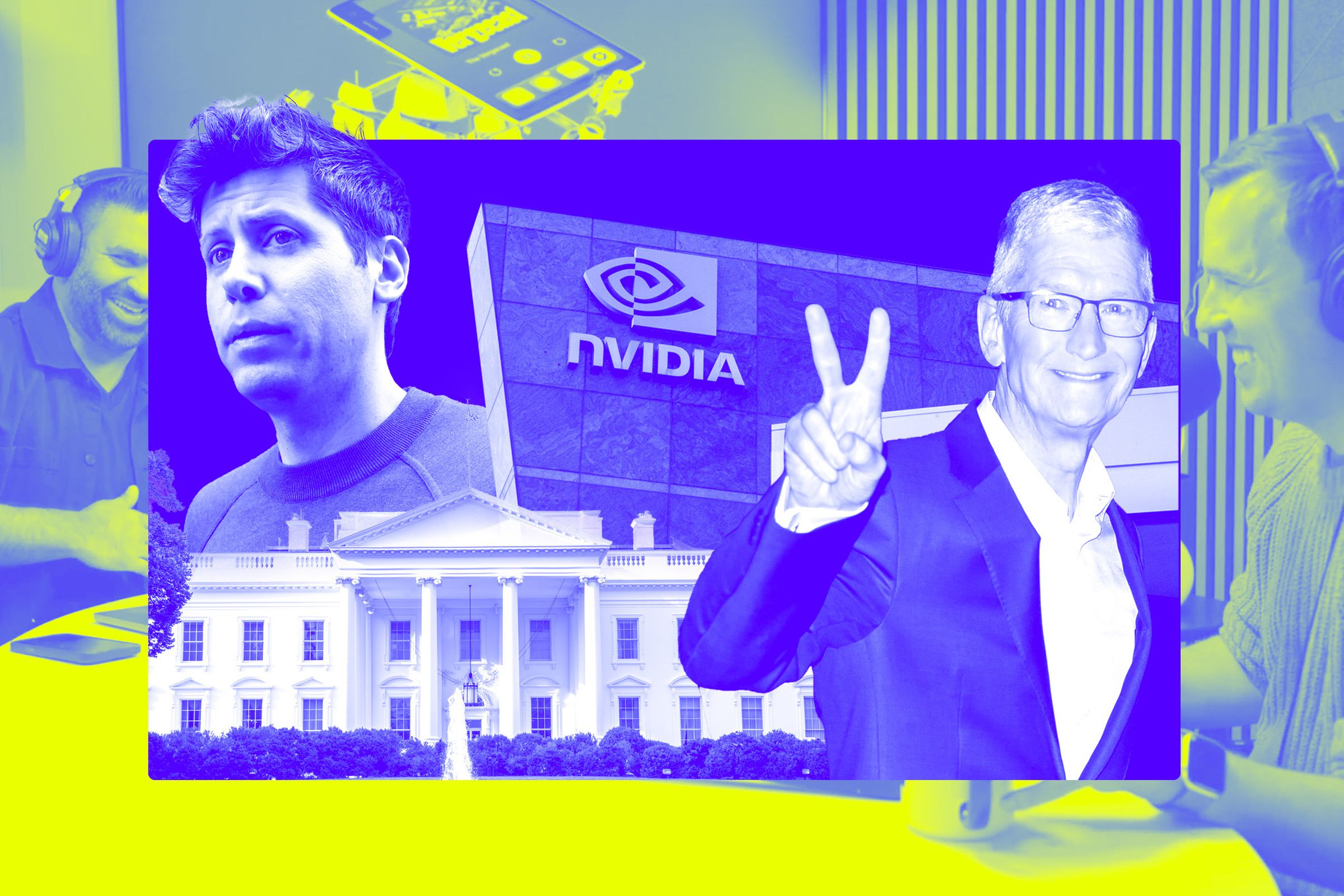 An illustration including Sam Altman, Tim Cook, Nvidia, and the White House.