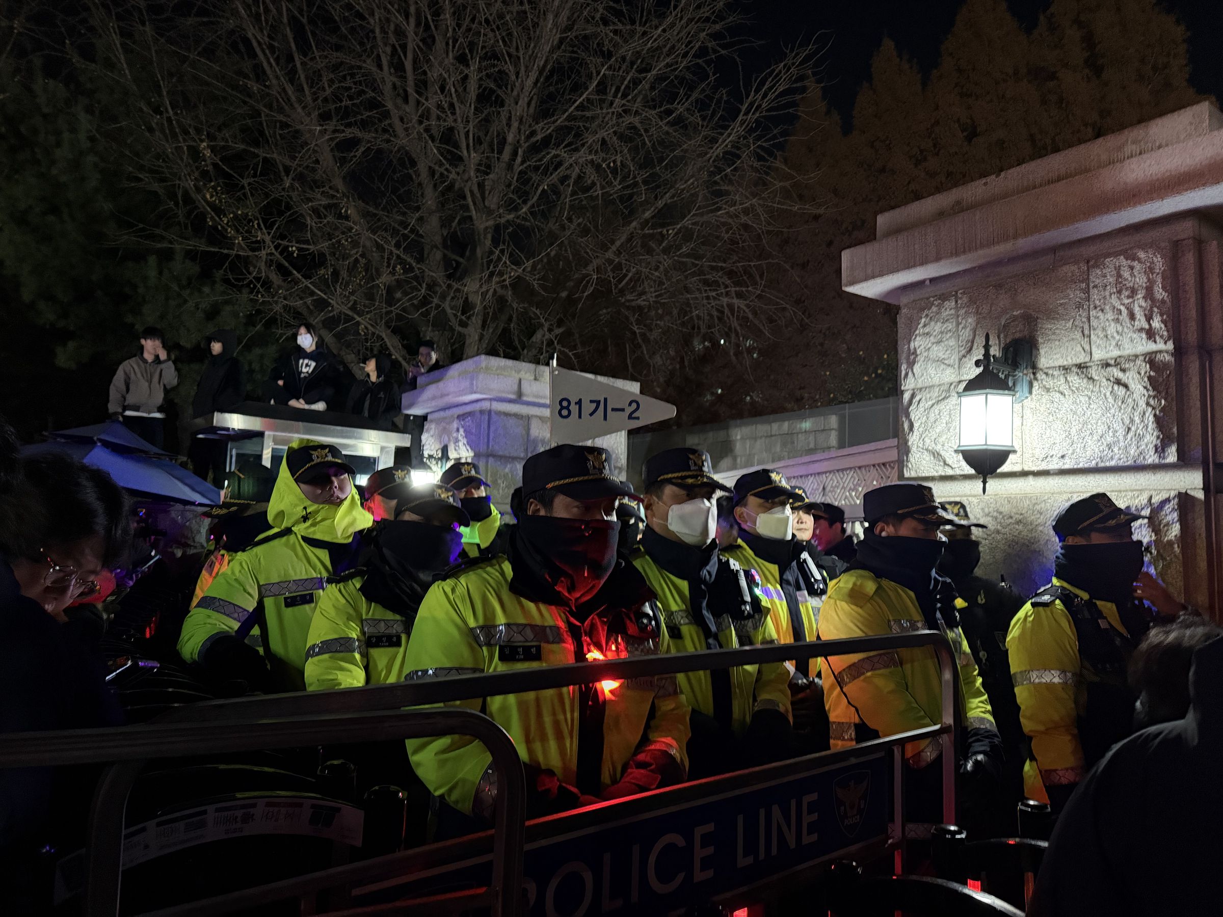 Police lined up at at the front of the National Assembly building.