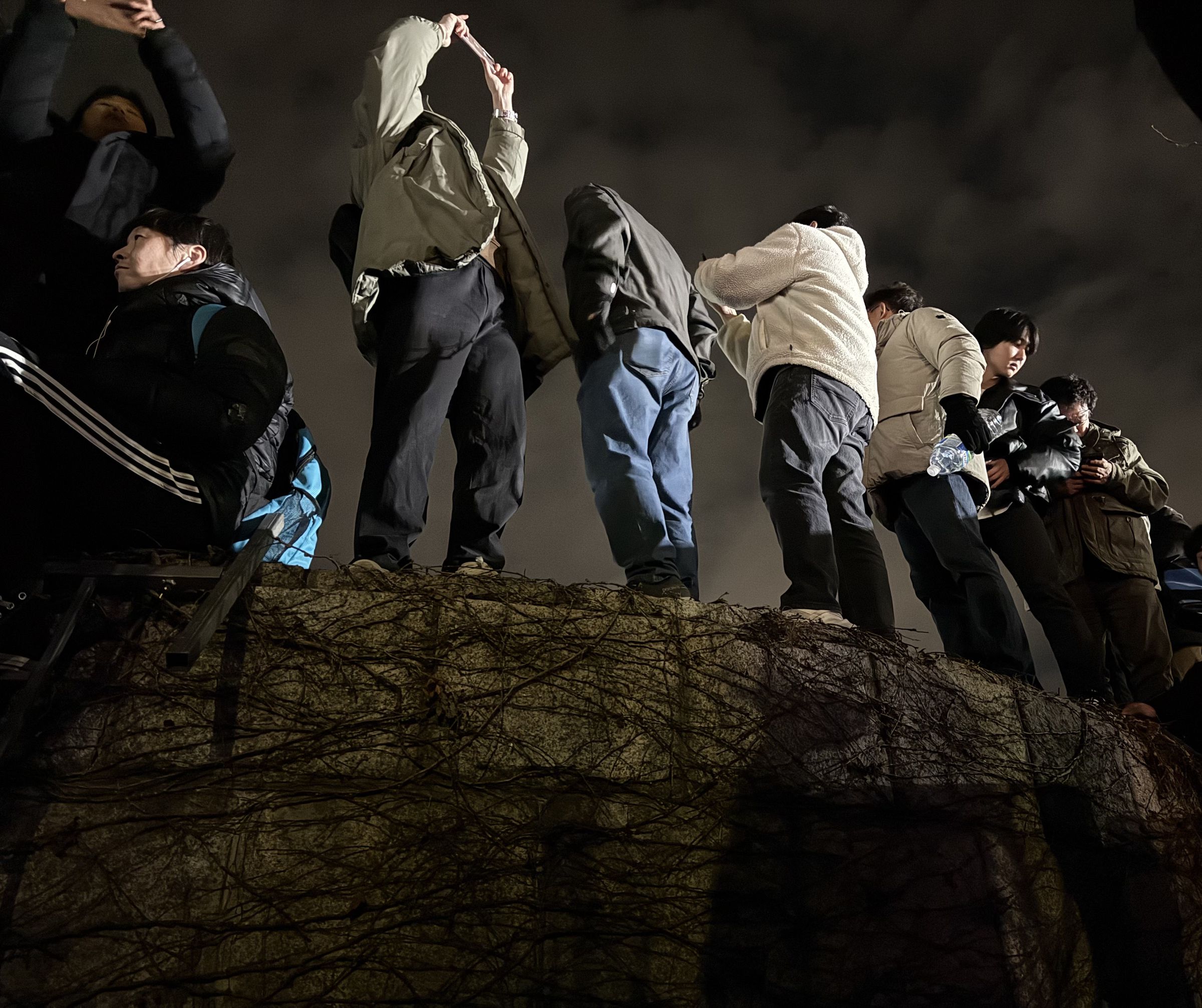 Protesters stand on the walls surrounding the National Assembly.