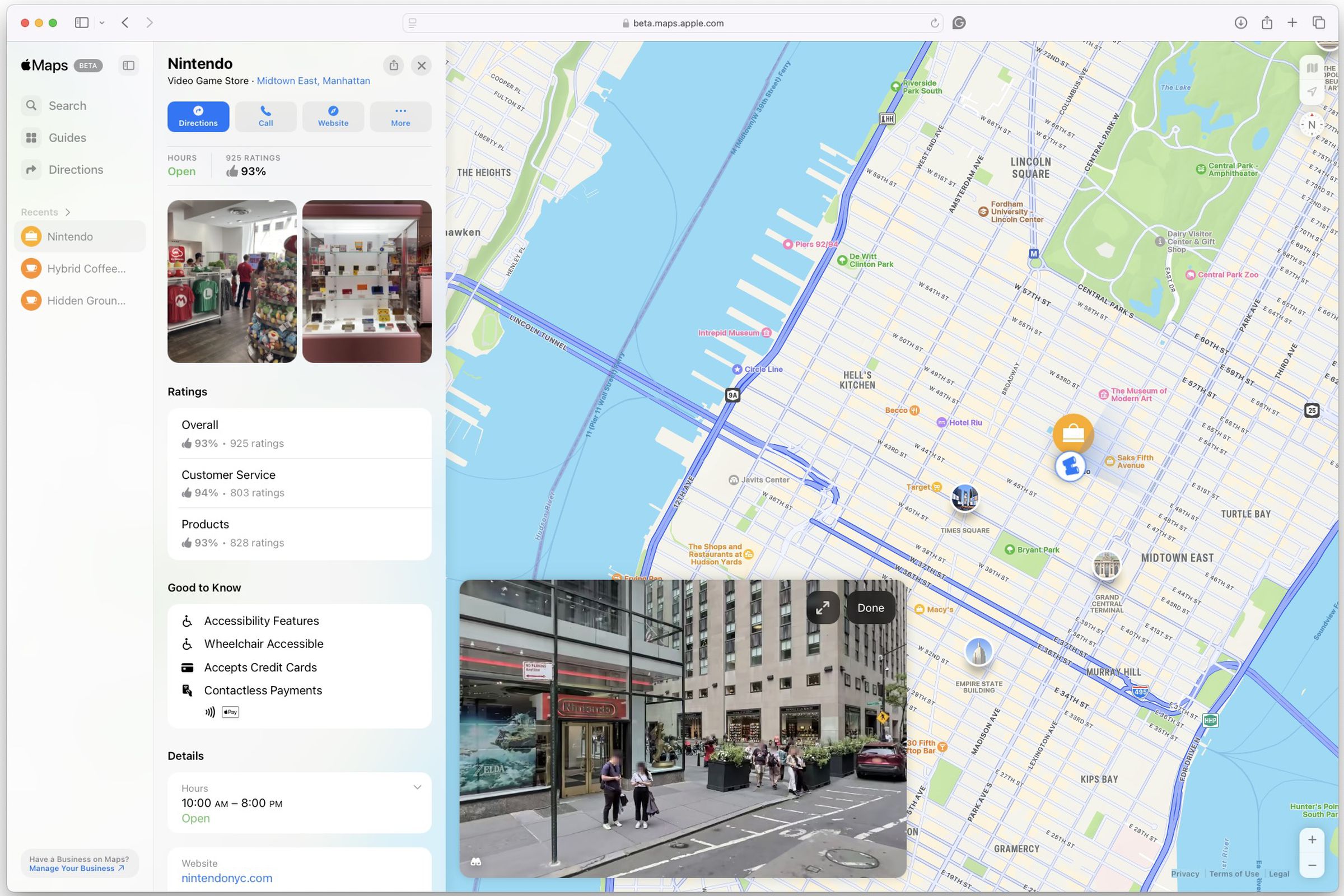 Apple Maps on the web screen shot in safari showing Manhattan Nintendo World store on Look Around