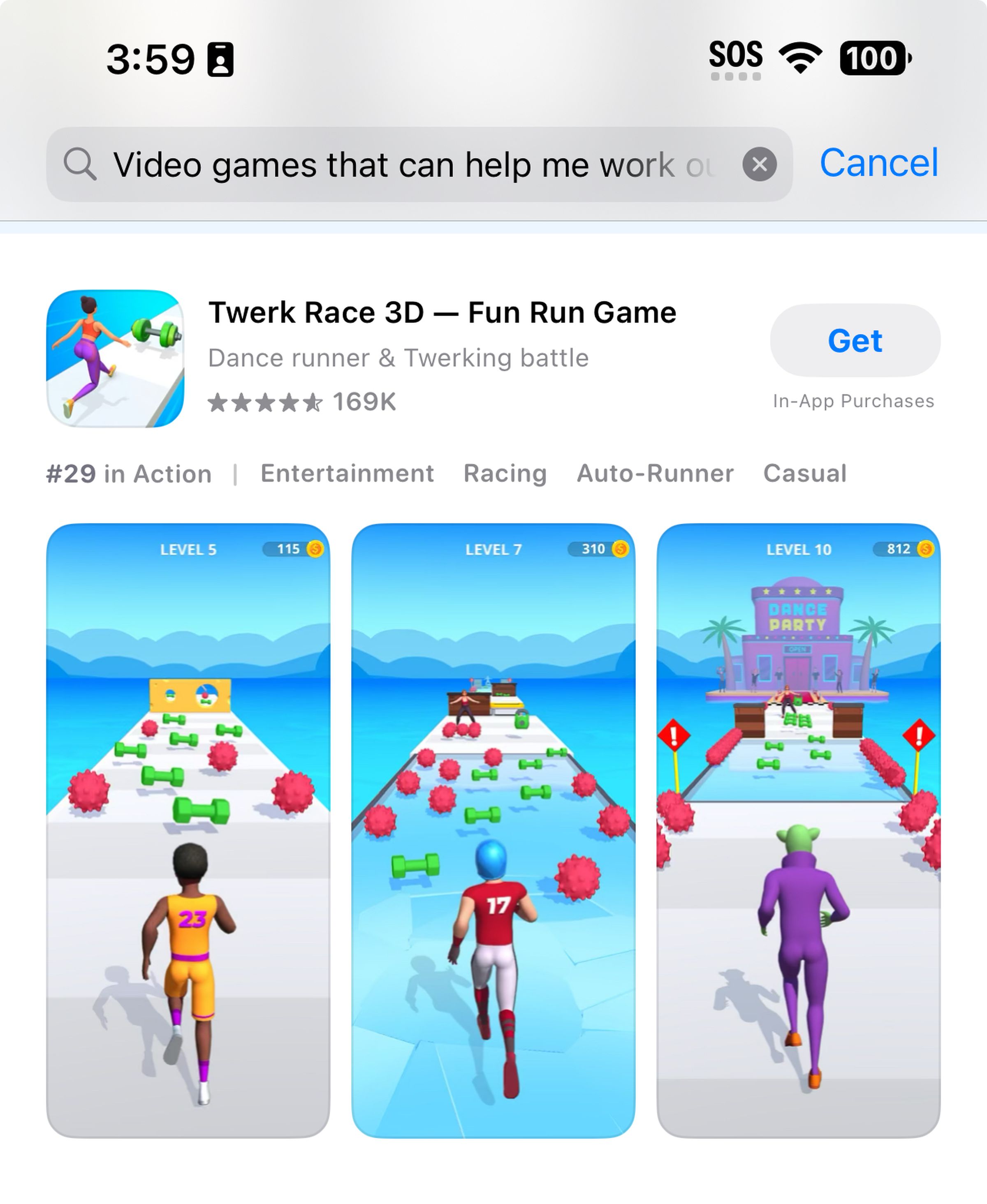 Screenshot of an App Store search result that includes a game called “Twerk Race 3D — Fun Run Game”