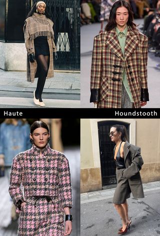 Winter print trends of 2024 are shown in a collage of runway and street-style images of women wearing the houndstooth print trend. Specifically, on the top left,