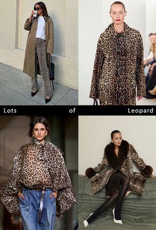 Winter print trends of 2024 are shown in a collage of runway and street-style images of women wearing the leopard print trend. Specifically, on the left, a woman is wearing a trench coat and white shirt with leopard jeans. On the right, a woman is wearing a leopard coat on the runway of Michael Kors's fall runway show. On the bottom right, a woman is wearing a leopard fur coat with black tights and white pumps. On the bottom left, a woman is wearing a leopard top and jeans on Zimmerman's fall runway show.