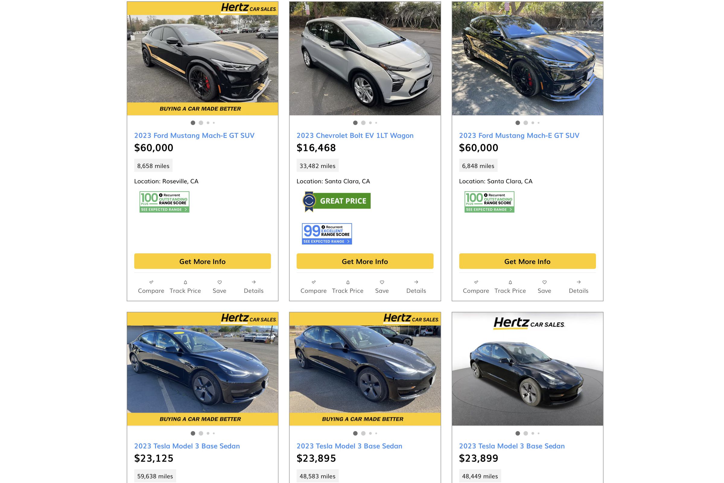 Tesla model 3 priced at $23,899, a Mustang Mach-E GT for $60,000, and a Bolt EV for $16,468.