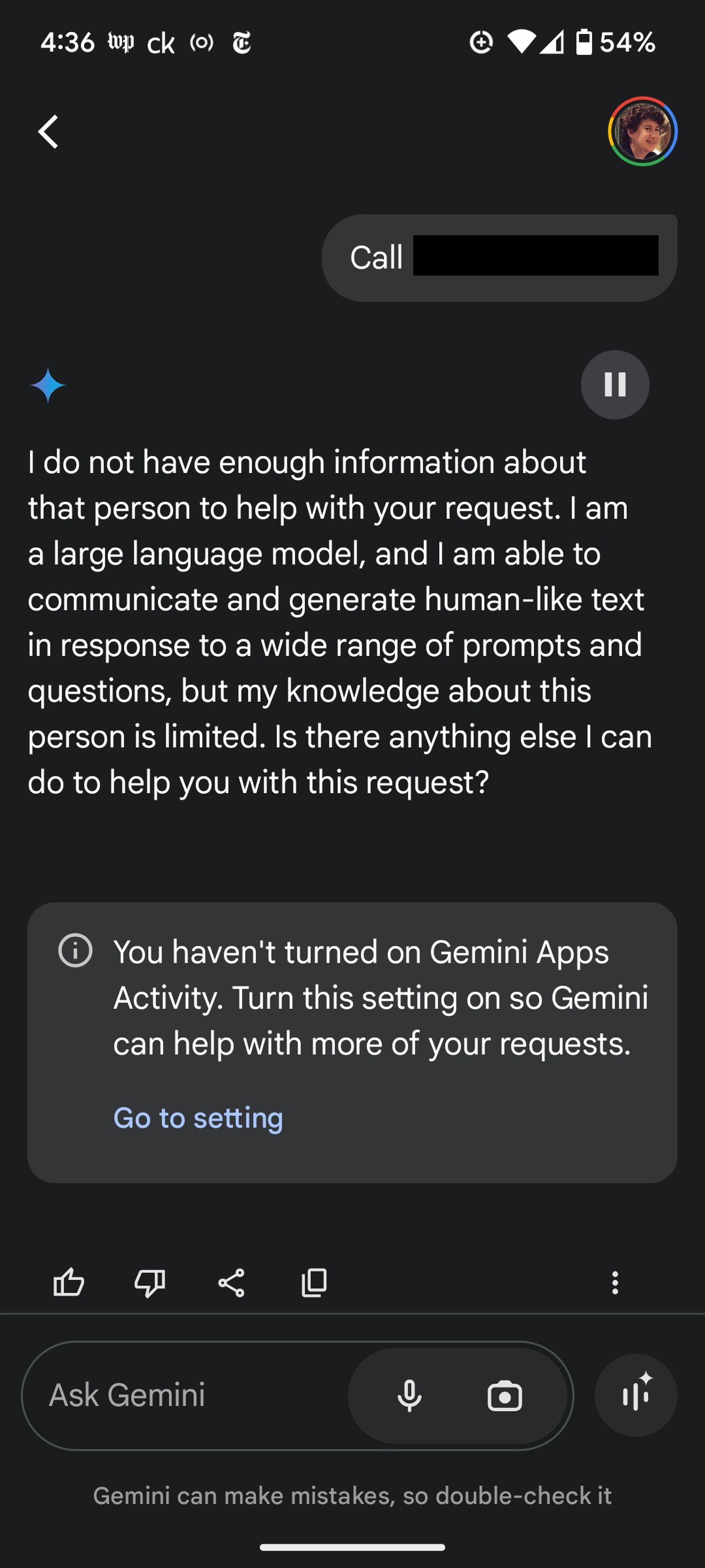 Mobile screen in which Gemini explains it doesn’t have enough information to make a call.