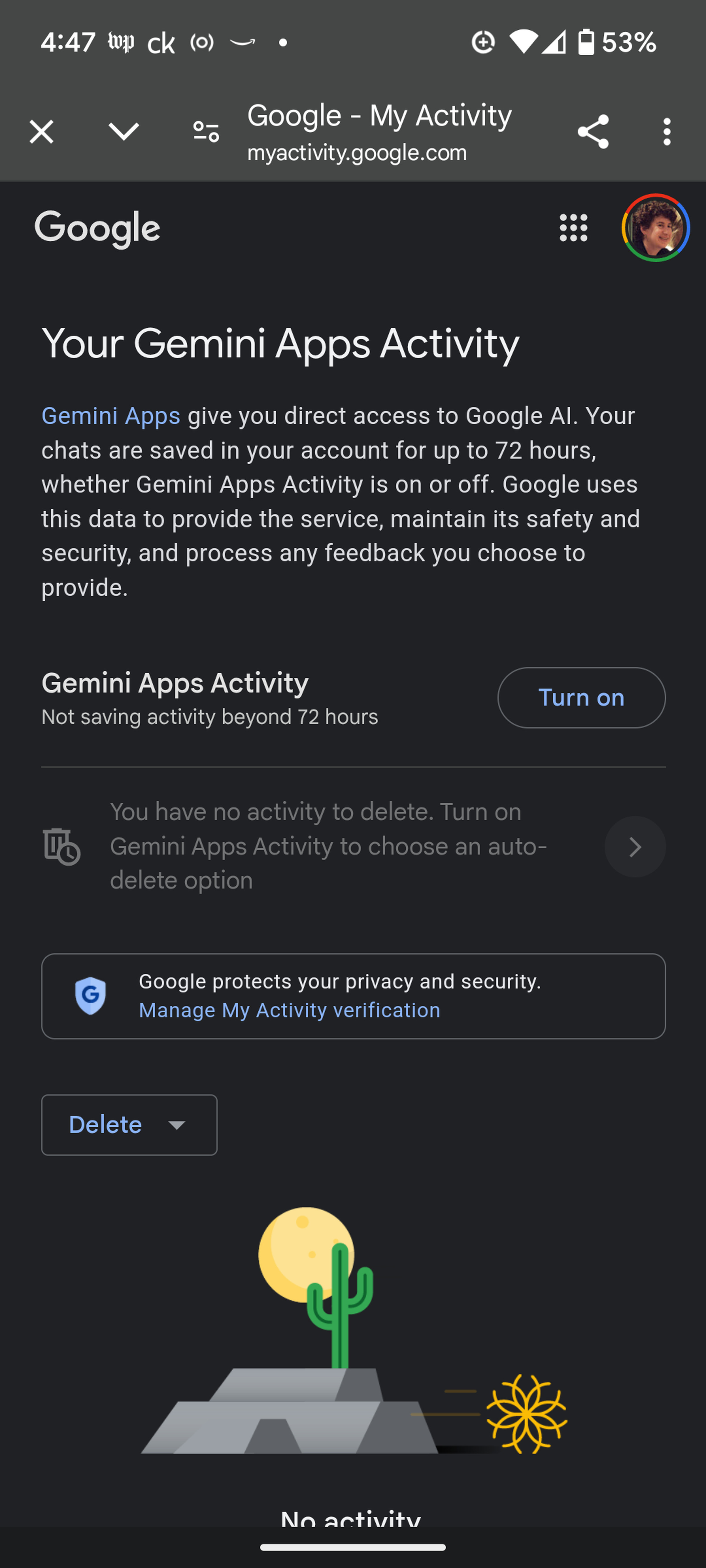 Mobile page headed Your Gemini Apps Activity with a description and a button labeled Turn On.