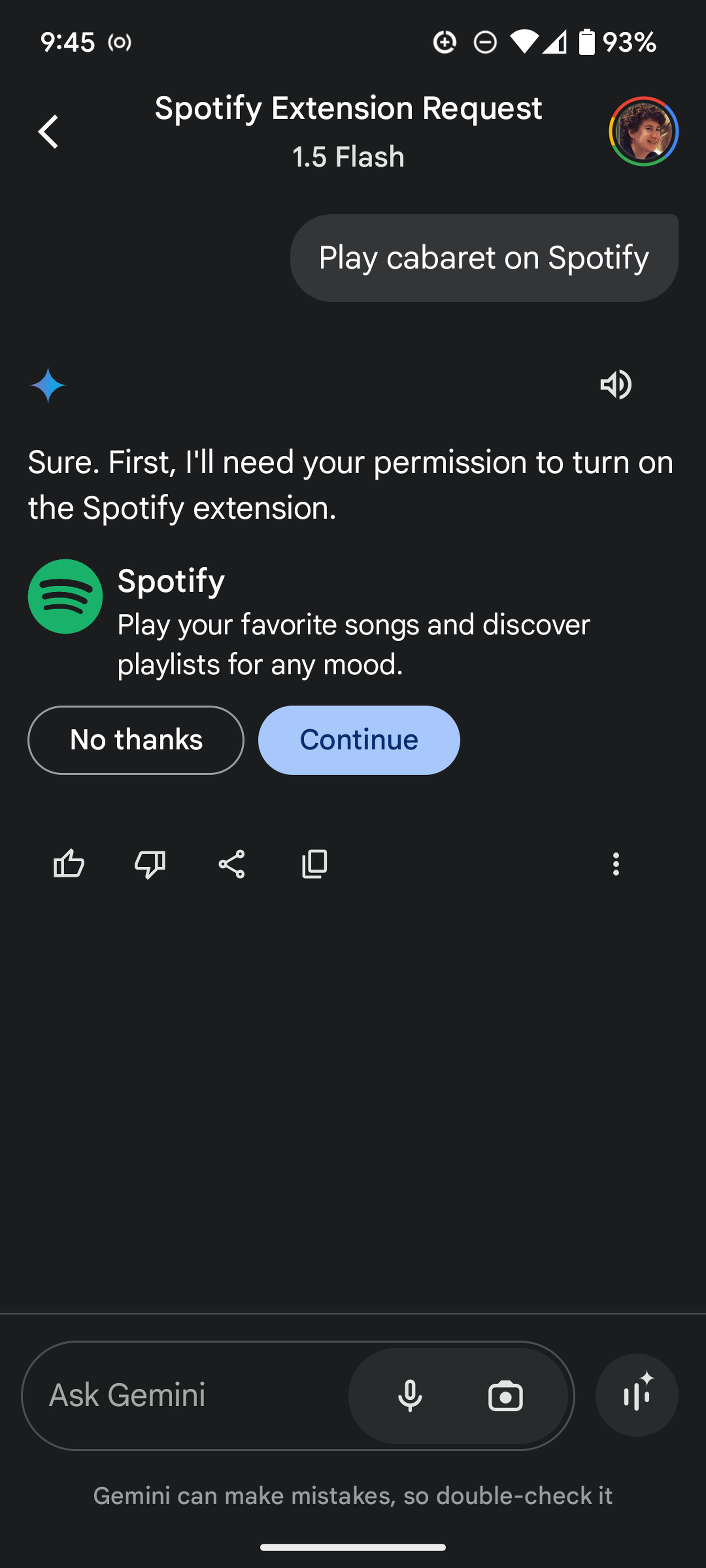 Mobile page headed with a request to turn on the Spotify extension with a Continue button underneath.