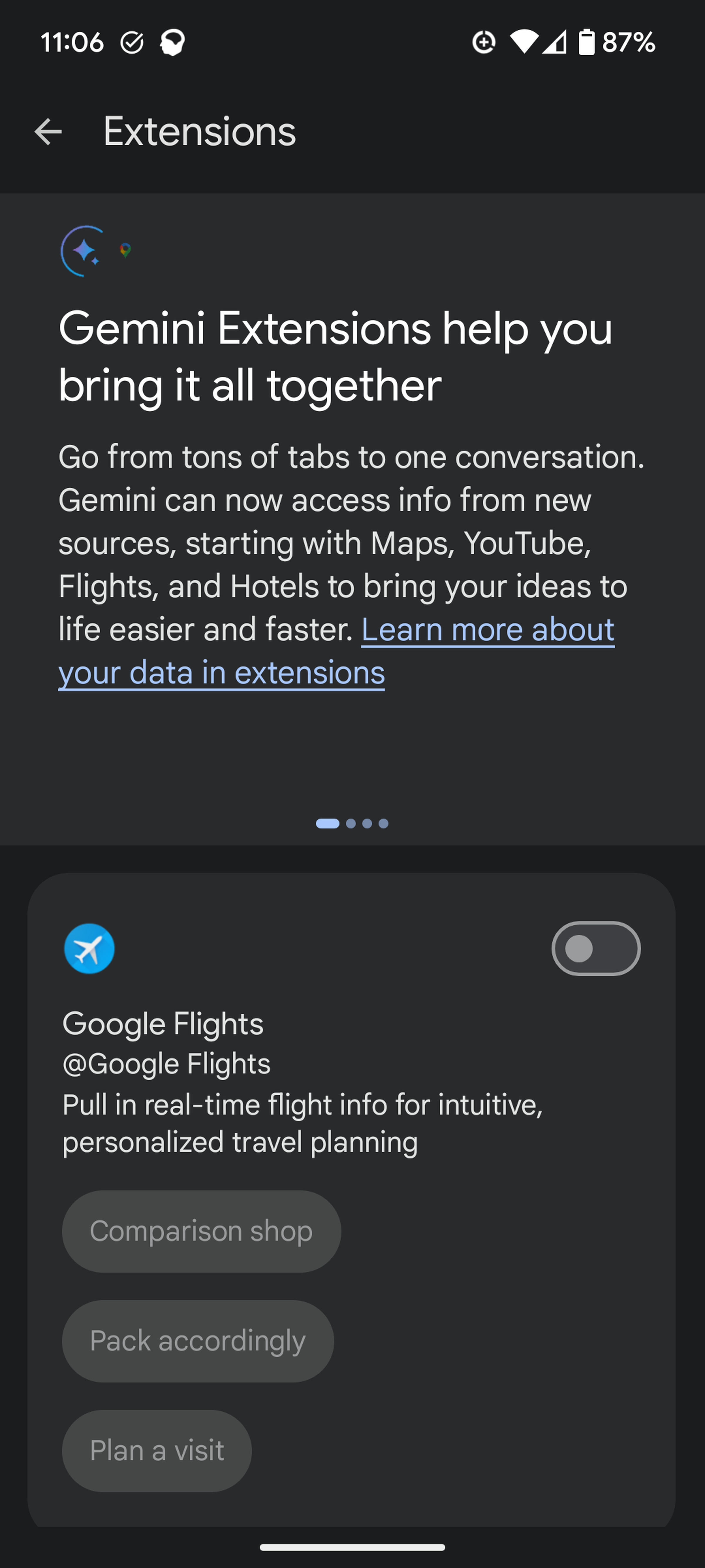 Gemini Extensions page with explanation of extensions on top, and description of Google Flights extensions beneath.