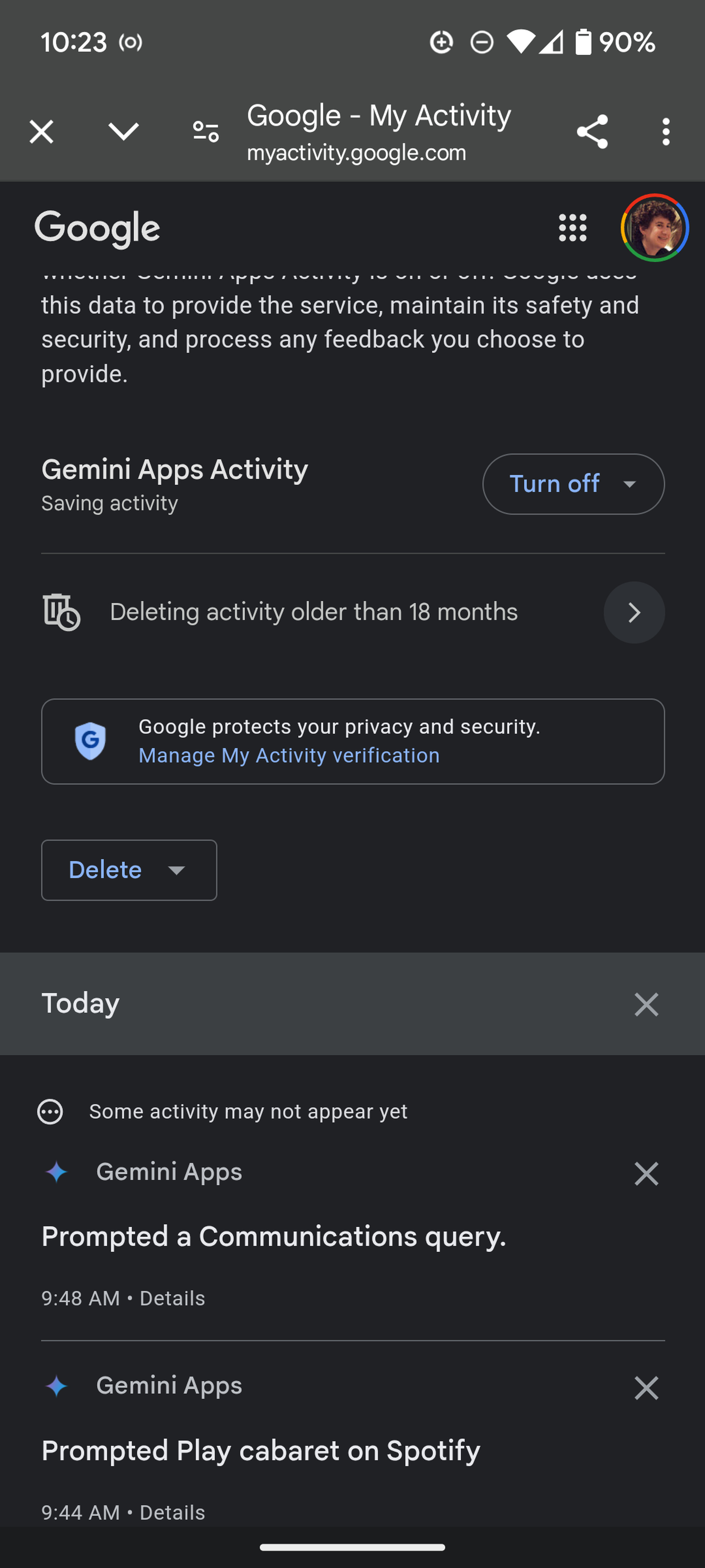 My Activity page showing sections to turn off Google Apps Activity, to delete activity older than 18 months, or manually delete info.