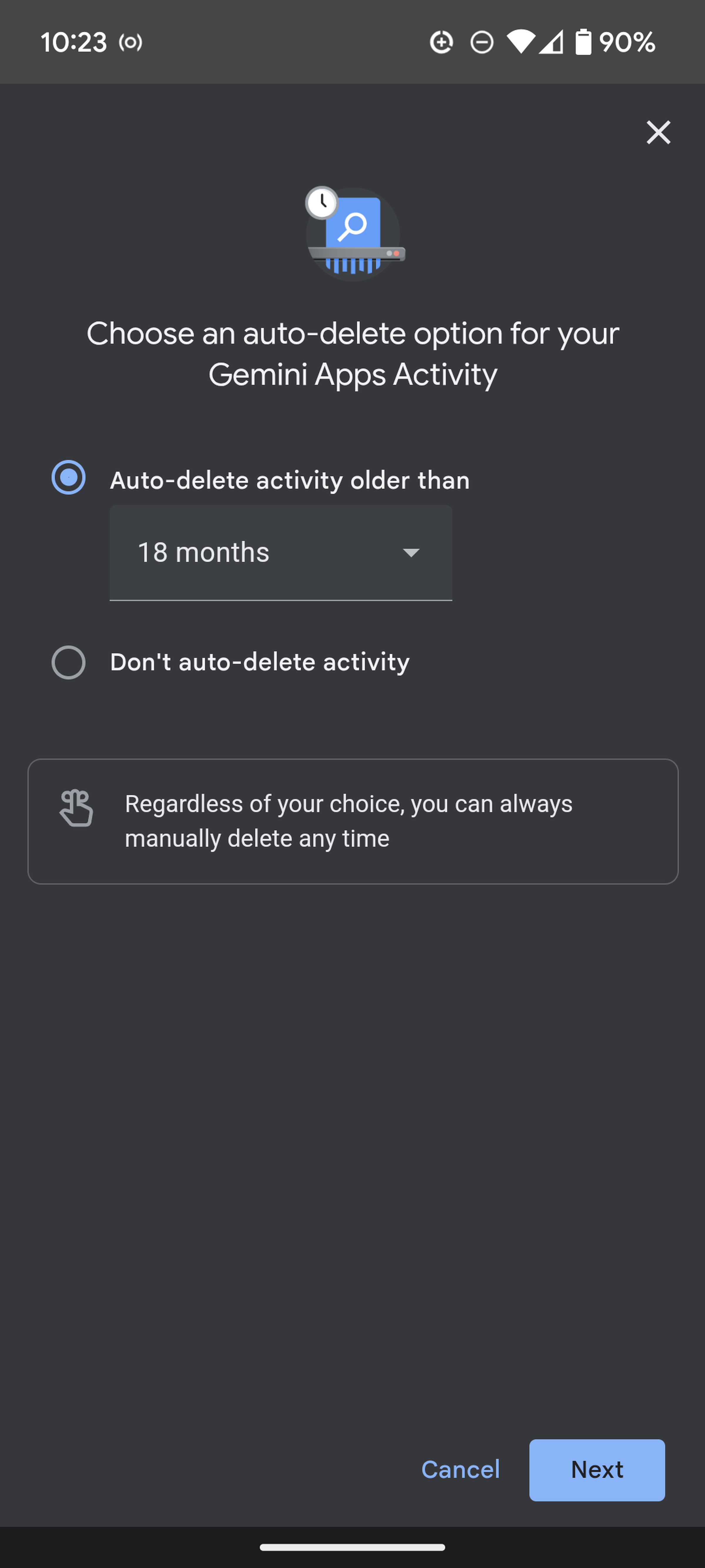 Screen headed “Choose an auto-delete otpion for your Gemini Apps Activity,” showing a drop down for auto delete, a choice for don’t auto delete activity.