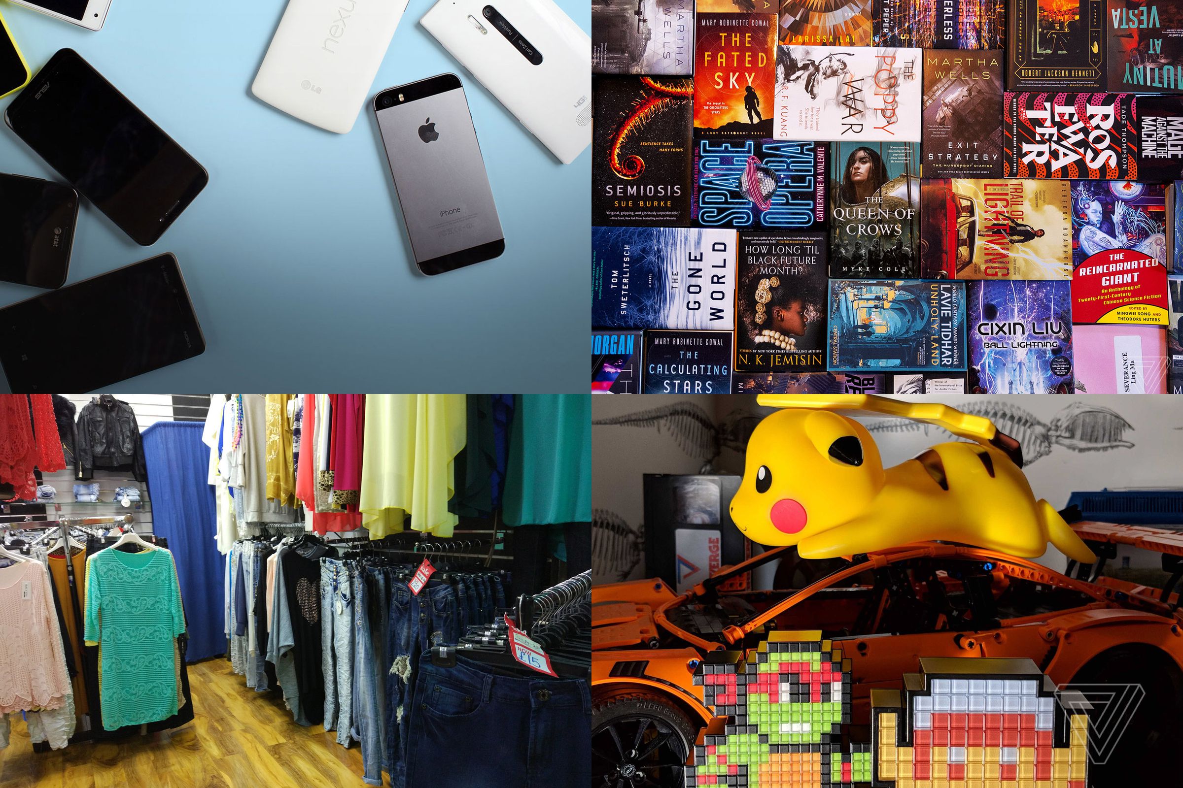 Four photos showing different types of stuff: phones on a table, a “jigsaw puzzle” of book covers, some toys, hangers full of clothing.