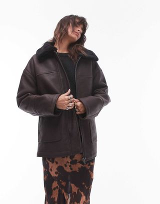 Topshop Faux Leather Borg Shearling Midi Aviator Jacket in Brown