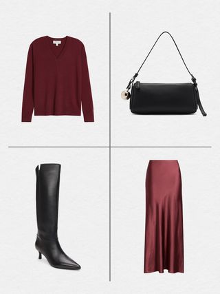 burgundy and black outfit