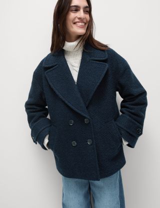 Double Breasted Short Peacoat With Wool