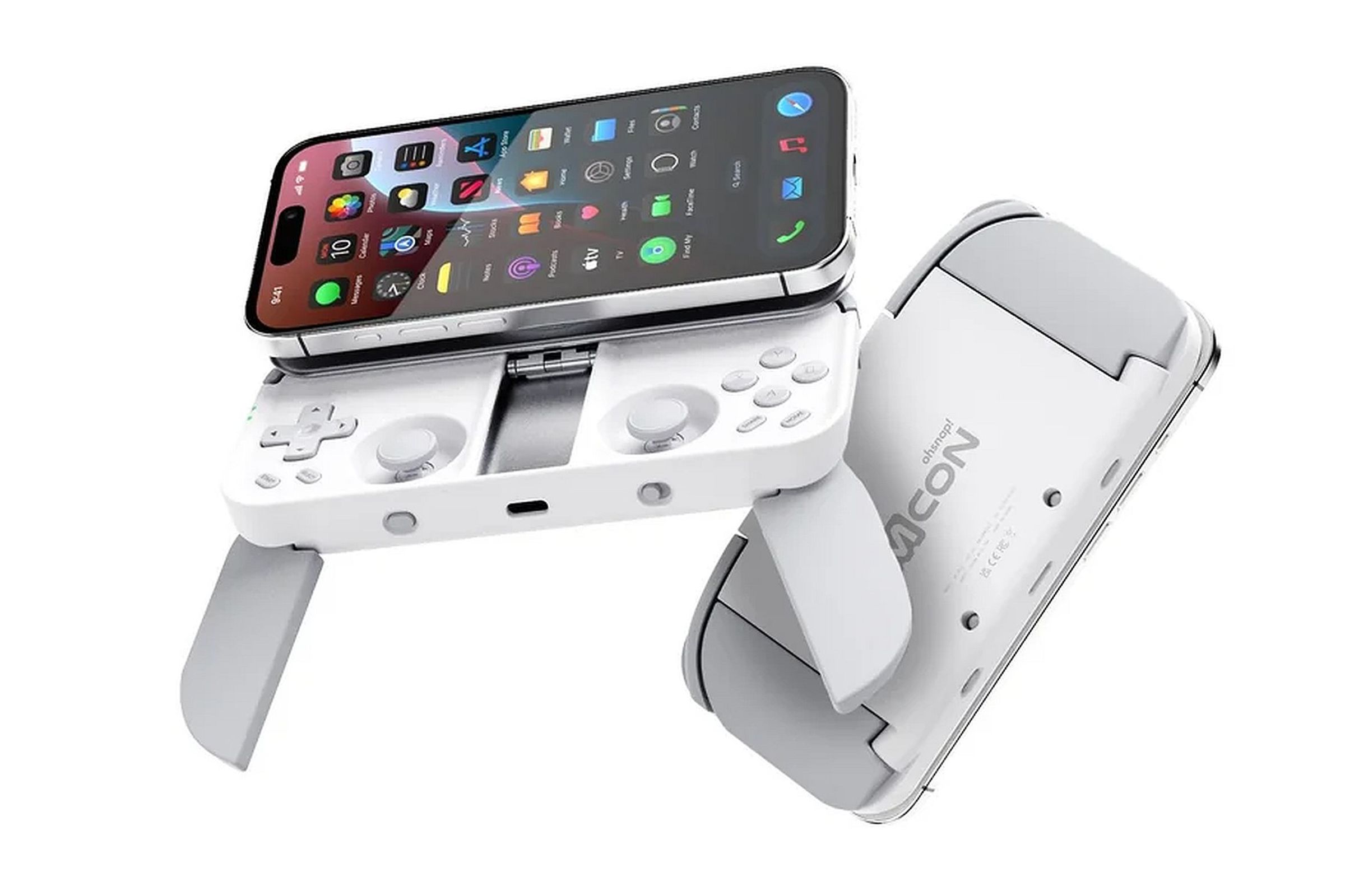 Two shots of a gamepad attached to an iPhone, with fold out grips and joysticks visible underneath its sliding frame.