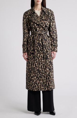 Leopard Print Wool Blend Trench Coat