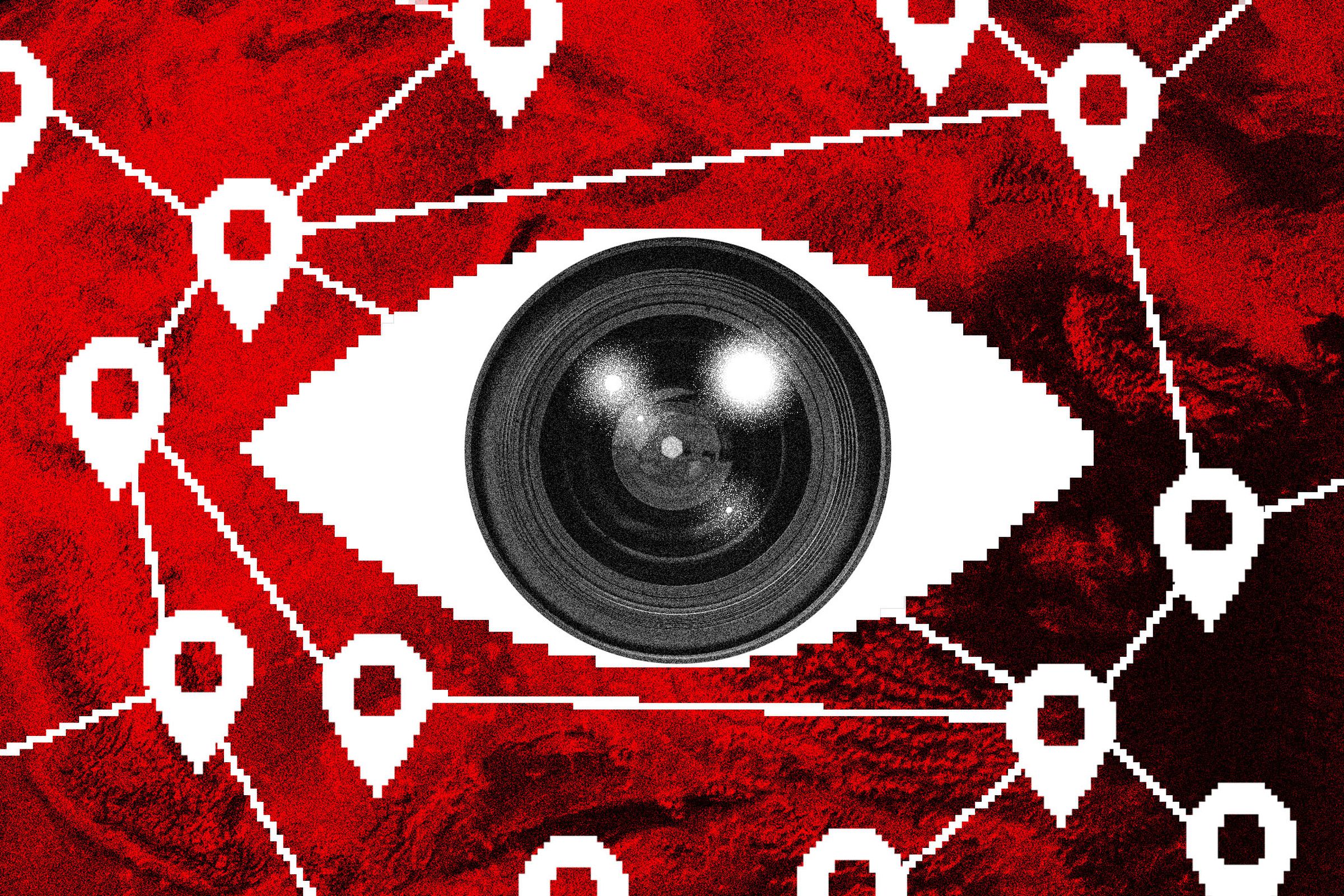 Photo collage of a big eye with a camera lens instead of a pupil in front of a background of location plackets over a topographical map.