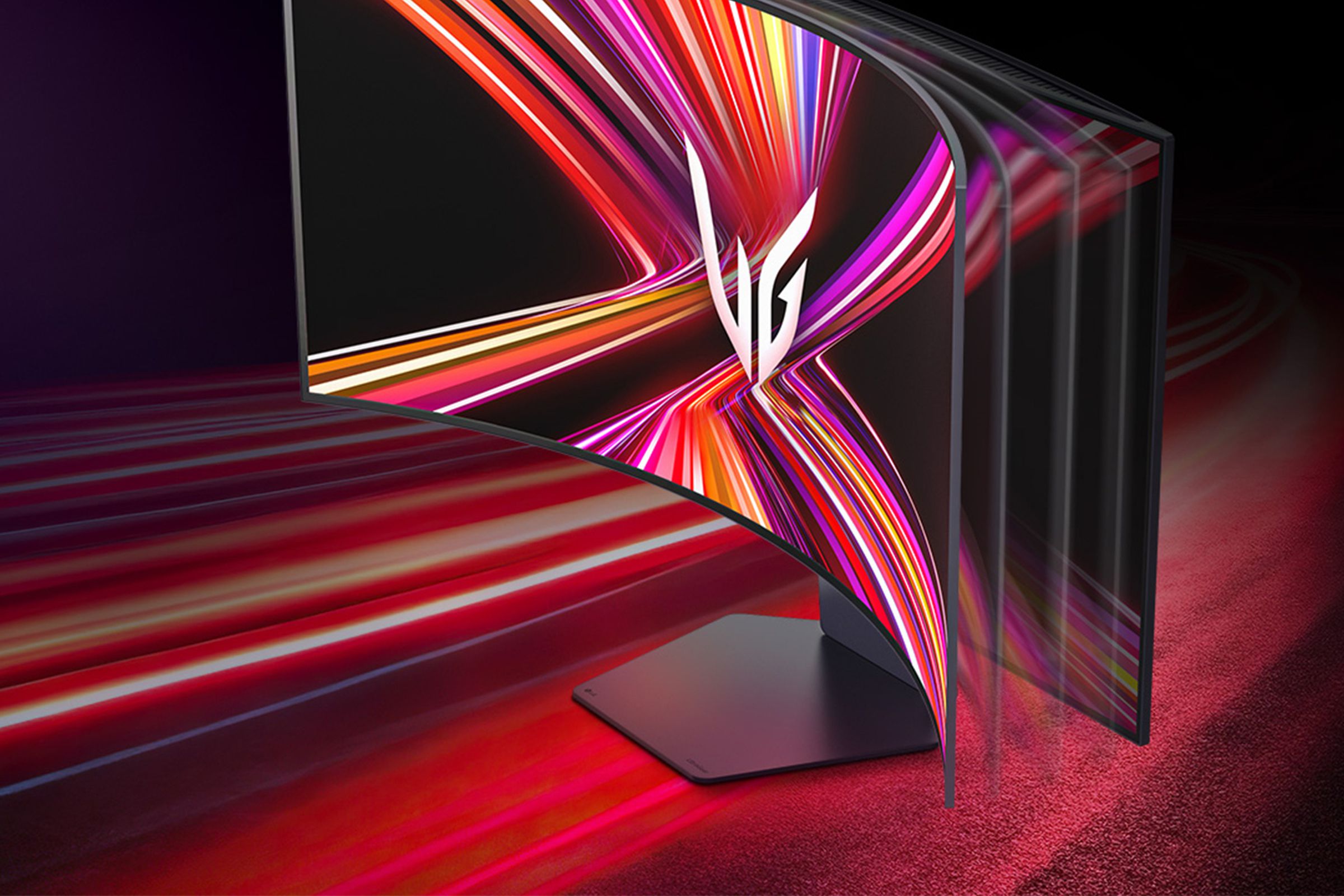 A marketing image of the LG UltraGear OLED Bendable Gaming Monitor.